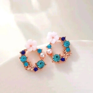 Circle floral design gold plated jewelry earrings cute gemstone beaded accessori